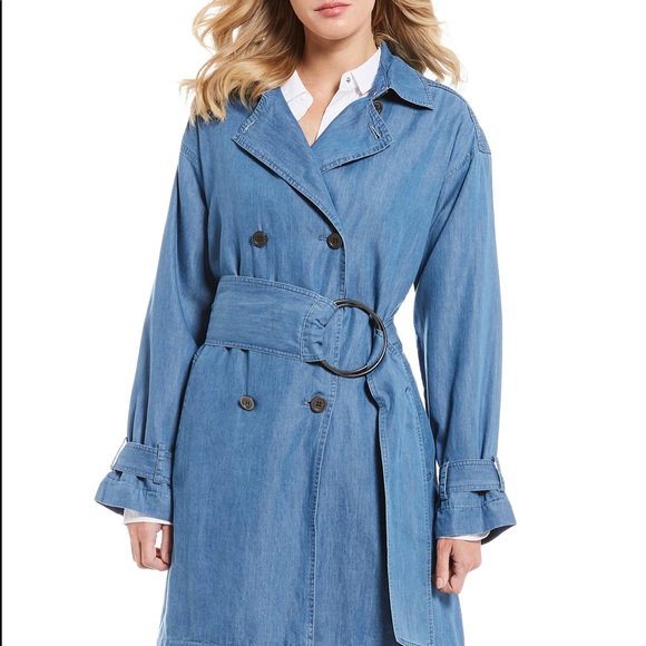 Kenneth Cole Chambray Denim Trench Coat Blue M - Picture 1 of 13